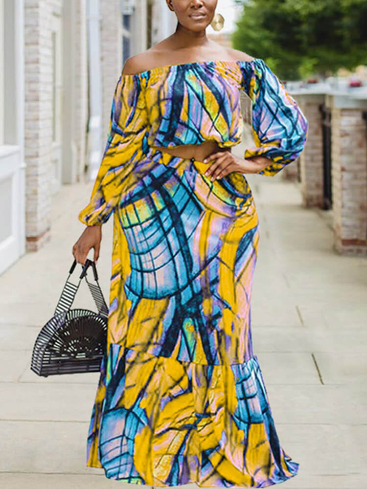 flowersverse Plus Size Off Shoulder Printed Crop Top Skirt Set