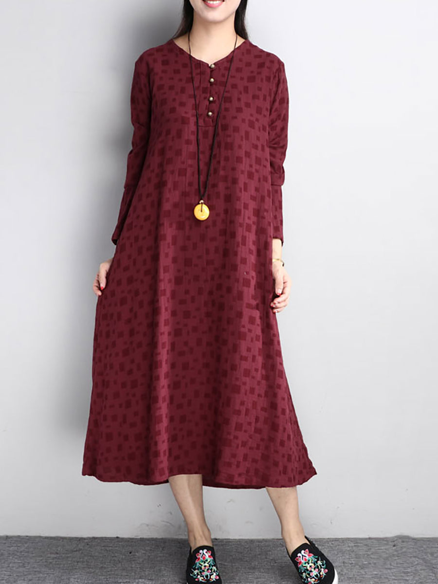 flowersverse Plus Size Women Retro Chic Buttons Long Sleeves Wine Red Dress