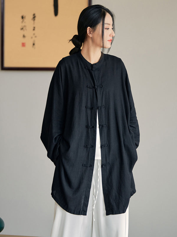 flowersverse Artistic Retro Loose Solid Color Linen Blouse