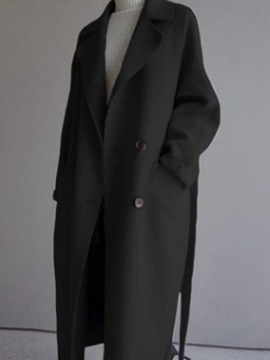 flowersverse Urban Loose Solid Color Belted Woolen Coat
