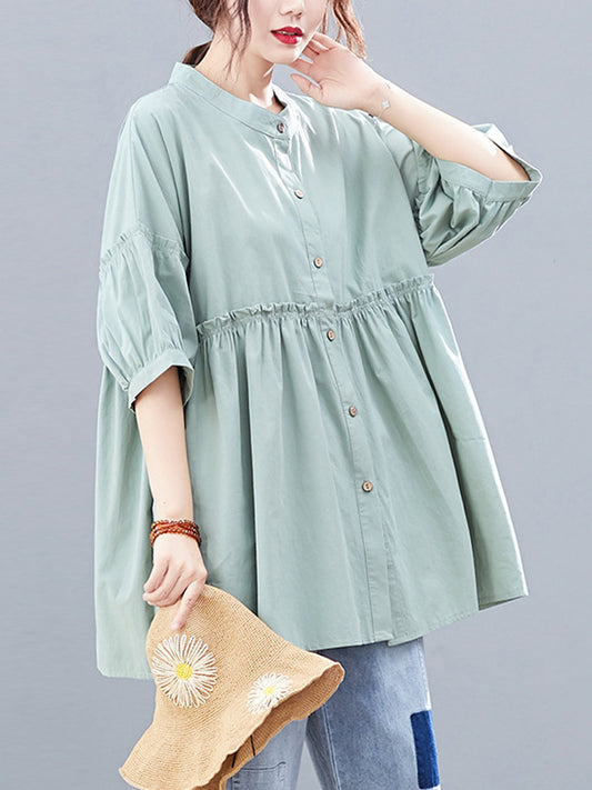 flowersverse Artistic Retro Loose Half Sleeves Pleated Falbala Split-Joint Solid Color Blouses