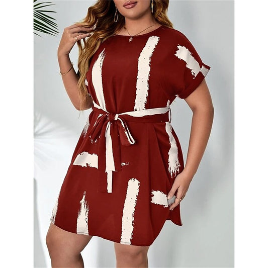 flowersverse Women's Plus Size Casual Dress Color Block Midi Dress Short Sleeve Lace up Print Crew Neck Fashion Outdoor Wine Summer Spring L XL XXL 3XL 4XL