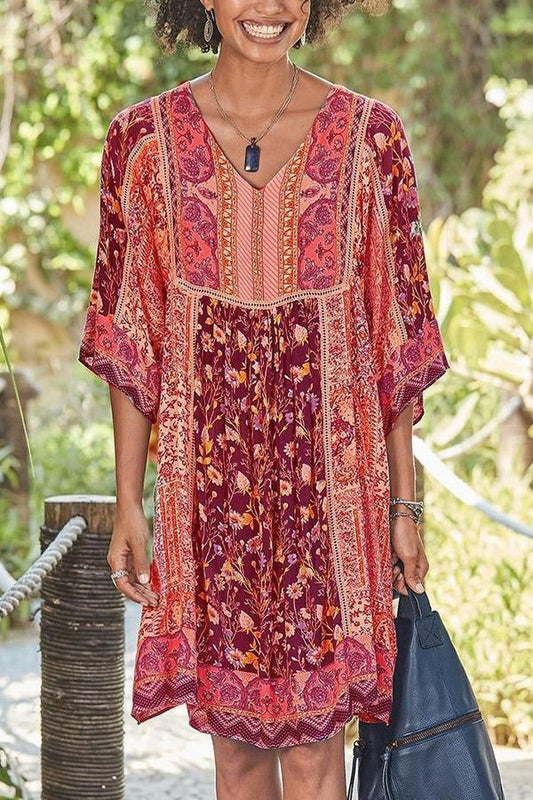 flowersverse Bohemian Floral Print V-neck Half Sleeves Holiday Midi Dress