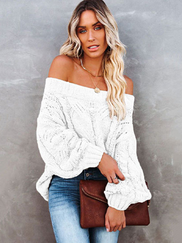 flowersverse Vintage Long Sleeves Loose Solid Color Off-The-Shoulder Sweater Tops