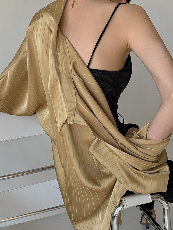 flowersverse Solid Color Striped Long Sleeves Loose Lapel Blouses&shirts Tops