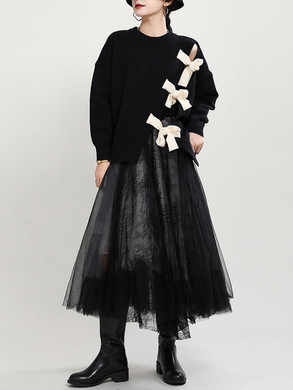 flowersverse Stylish Bowknot Round-Neck Knitting Sweater