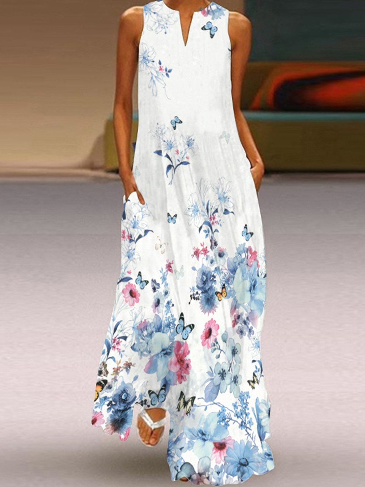 flowersverse Vintage Floral Printed Statement Plus Size Sleeveless V Neck Casual Knitting Dress