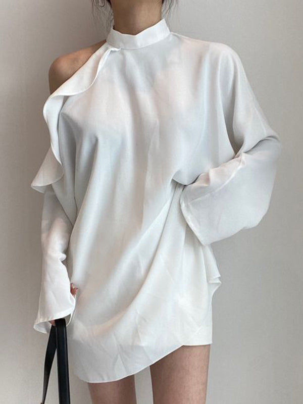 flowersverse Asymmetric Hollow Ruffled Solid Color Tied Waist Long Sleeves Loose Mock Neck Blouses&Shirts Tops