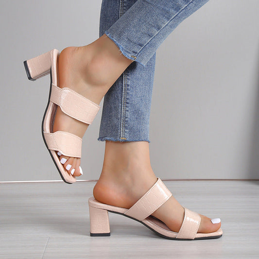 flowersverse Chunky Heel Open Toe Casual Slippers for Women: Summer Sandals with a Stone Pattern