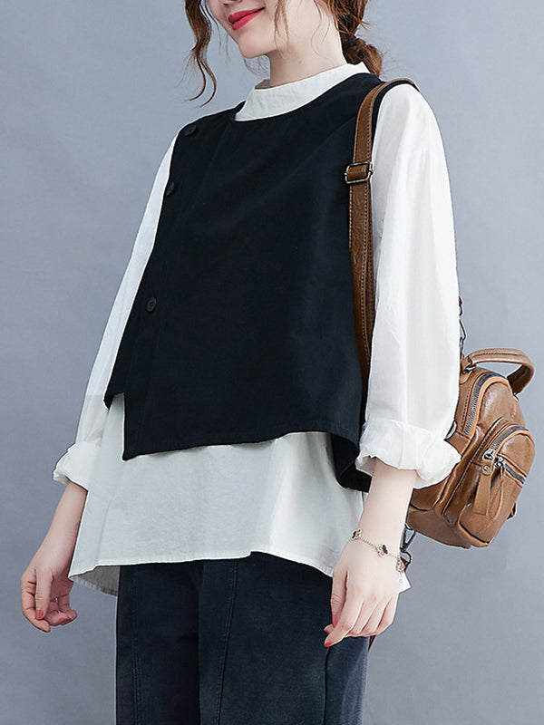 flowersverse Original Stand Collar Long Sleeves T-Shirt Top&Buttoned Vest Outwear 2 Pieces Set