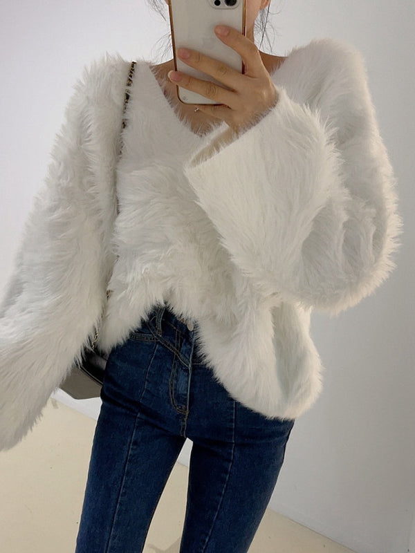 flowersverse Original Creation Long Sleeves Loose Solid Color V-Neck Sweater Tops