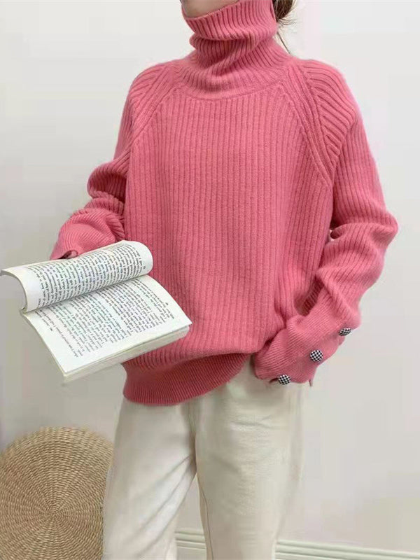 flowersverse Casual Loose Long Sleeves Solid Color High-Neck Sweater Tops