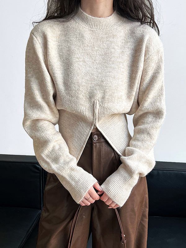 flowersverse Solid Color Zipper Long Sleeves Loose Mock Neck Sweater Tops Pullovers