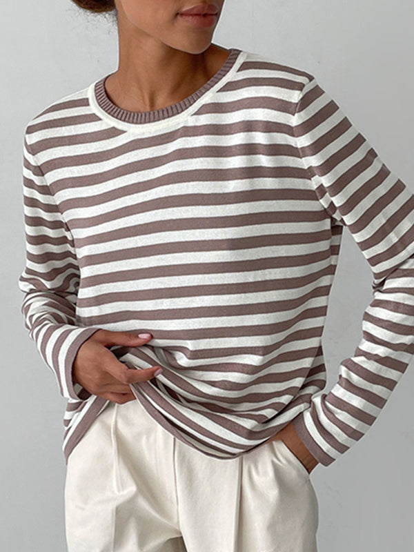 flowersverse Split-Joint Striped Long Sleeves Loose Round-Neck Sweater Tops