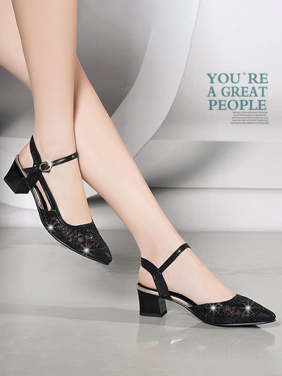 flowersverse Luxurious Rhinestone Mesh Hollow Thick Heel Banquet Dress High Heels