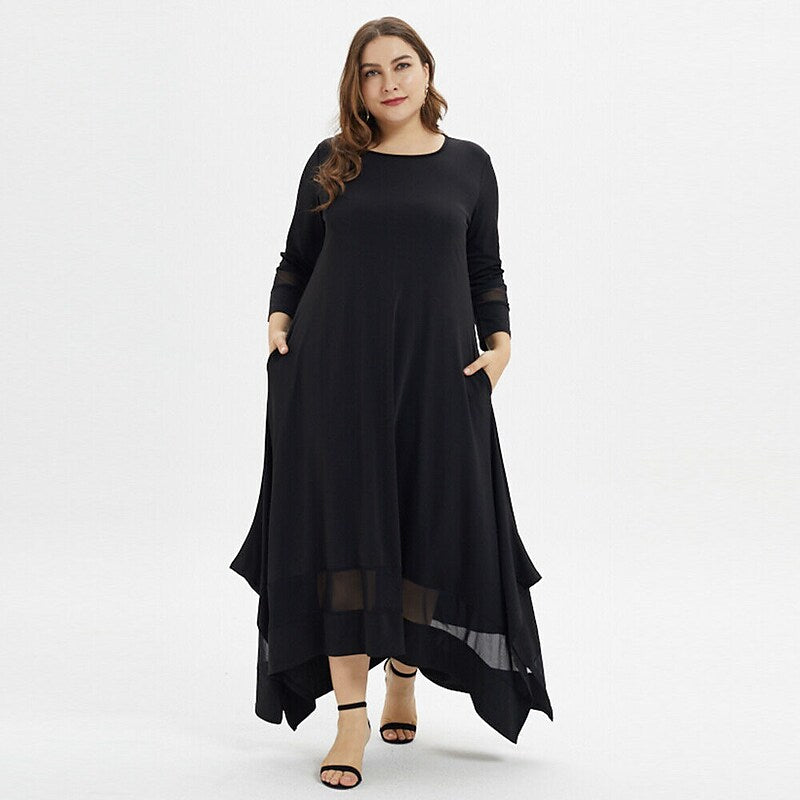 flowersverse Women's Plus Size Holiday Dress Solid Colored Crew Neck Long Sleeve Fall Winter Casual Maxi long Dress Dress