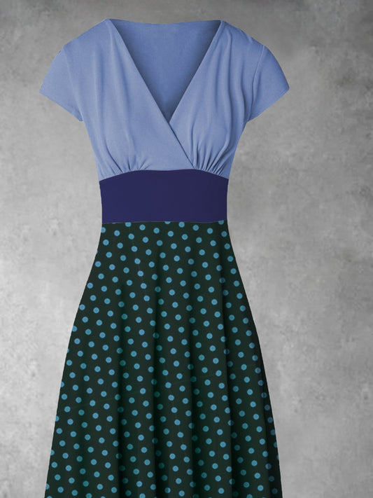 flowersverse Summer Color Splicing Wave Point Vacation A-Line Short Sleeve Weaving Dress