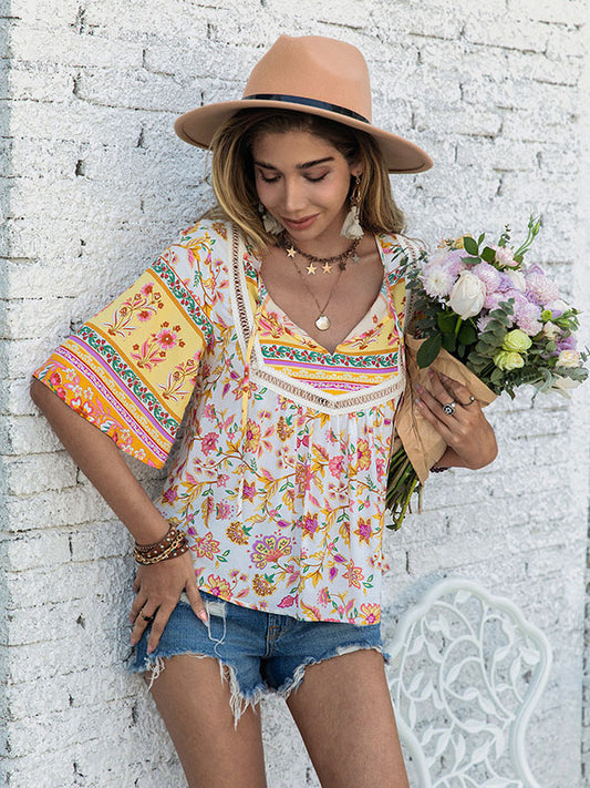 flowersverse Bohemia Flared Sleeves Loose Floral Printed V-Neck Blouse