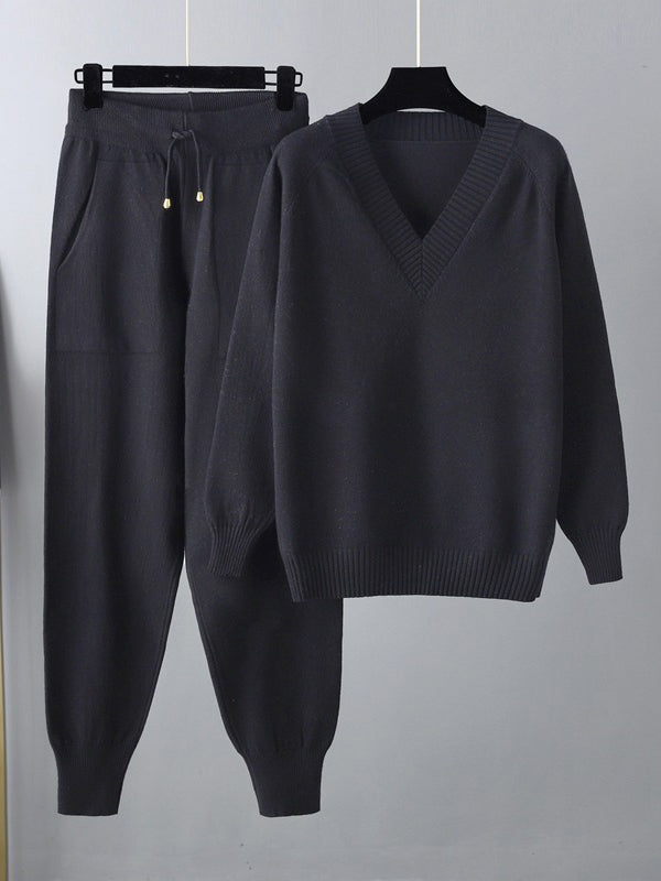 flowersverse Casual Loose Harem Pants Solid Color V-Neck Sweater Tops Pants Two Pieces Set