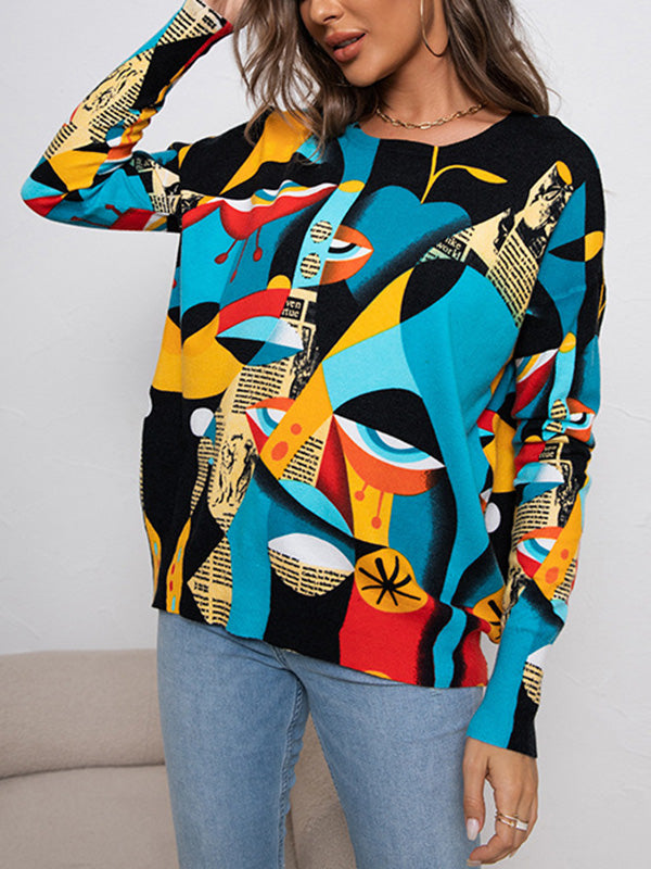 flowersverse Figure Printed Long Sleeves Round-Neck Sweater Tops Pullovers Knitwear