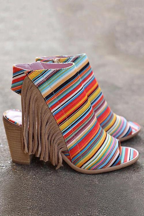 flowersverse Colorful Striped Fringe Zipper Peep Toe Heels