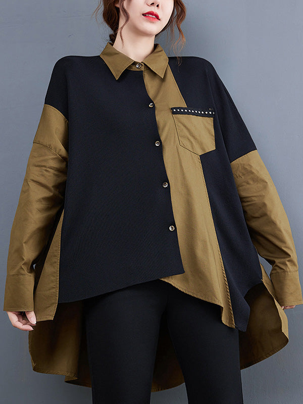 flowersverse Artistic Retro Loose Split-Joint With Pocket Buttoned Lapel Collar Long Sleeves False Two Blouse