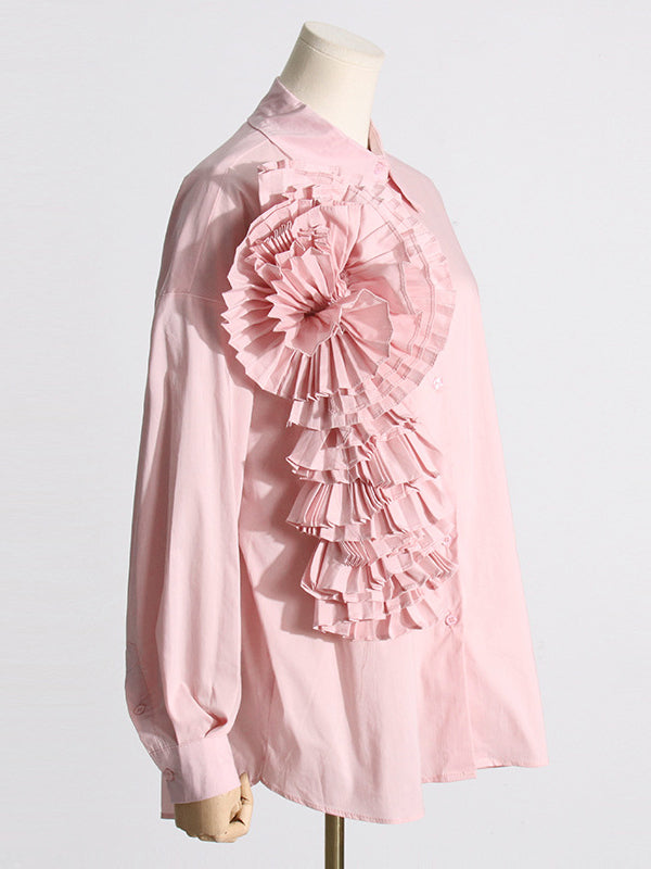 flowersverse Asymmetric Buttoned Pleated Solid Color Split-Joint Three-Dimensional Flower Long Sleeves Loose Lapel Blouses&Shirts Tops