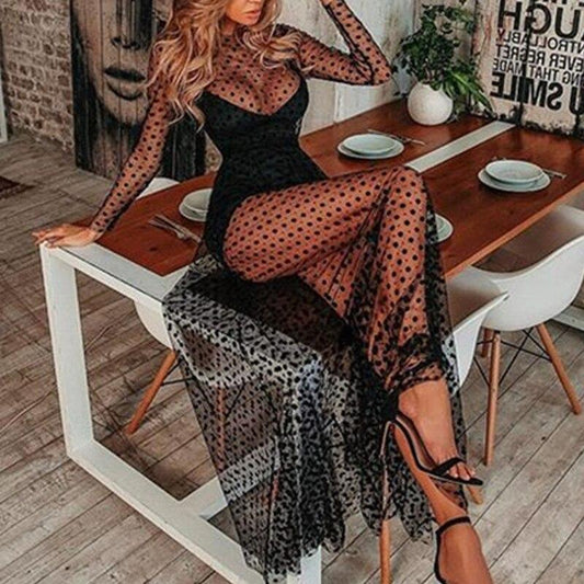 flowersverse Women Sexy Mesh Dot Print Maxi Party Dress Long Sleeve O Neck High Waist Sexy Evening Dress Solid Vetidos
