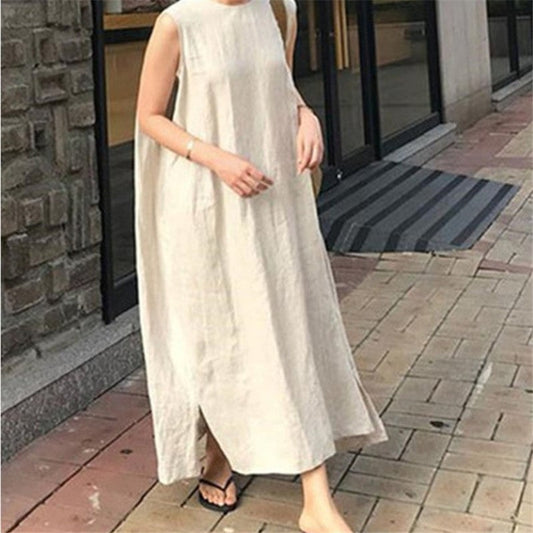 flowersverse Loose Cotton Vest Dress New Round Neck Sleeveless Long Dress Linen