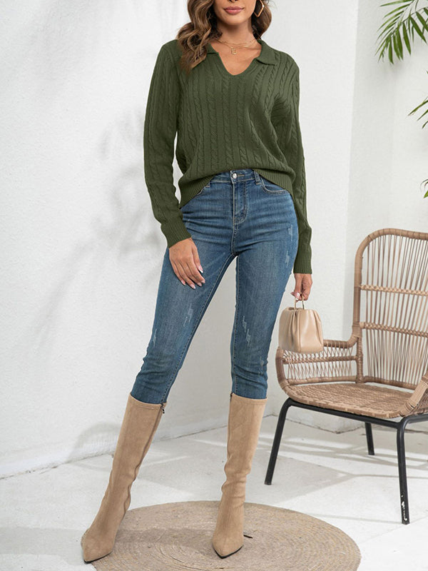 flowersverse Solid Color Split-Joint Long Sleeves Loose Lapel Sweater Tops
