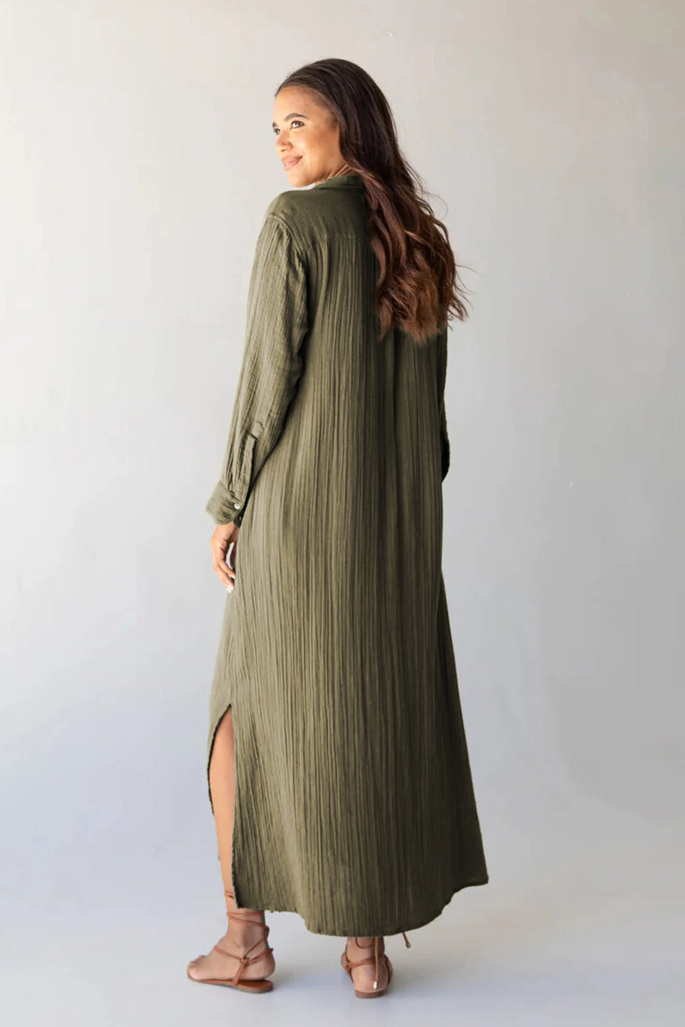 flowersverse Autumn Breeze Green Crinkle Button Up Casual Split Shirt Maxi Dress