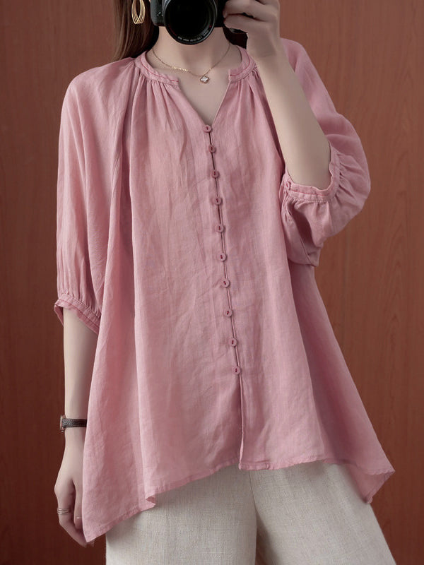flowersverse Simple Casual Solid Buttoned Pleated Blouse