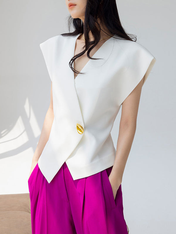 flowersverse Asymmetric Buttoned Sleeveless V-Neck Vest Top