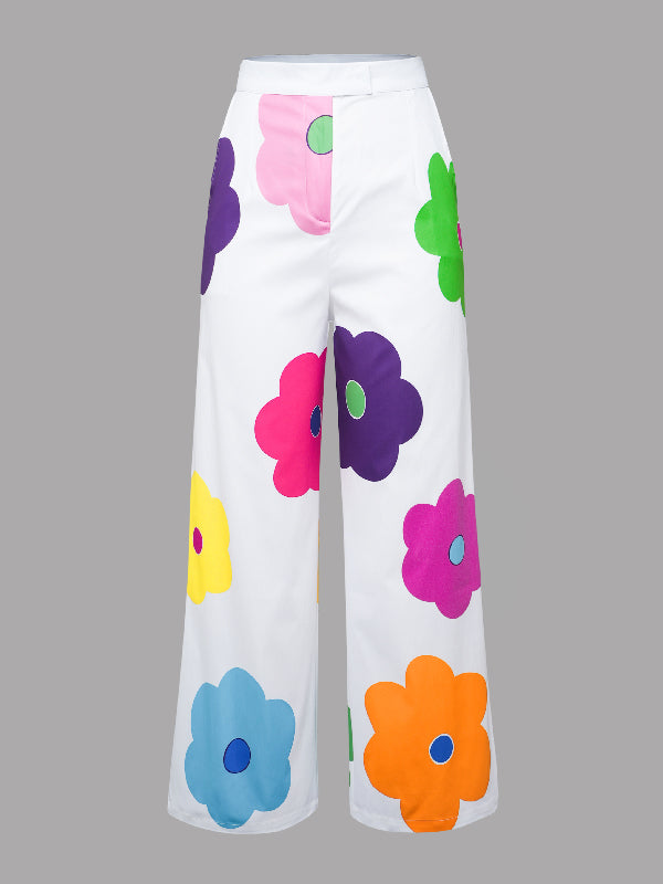 flowersverse High Waisted Wide Leg Floral Printed Multi-Colored Casual Pants Bottoms Trousers