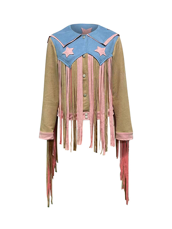 flowersverse Buttoned Contrast Color Tasseled Long Sleeves Loose Peter Pan Collar Outerwear Jackets