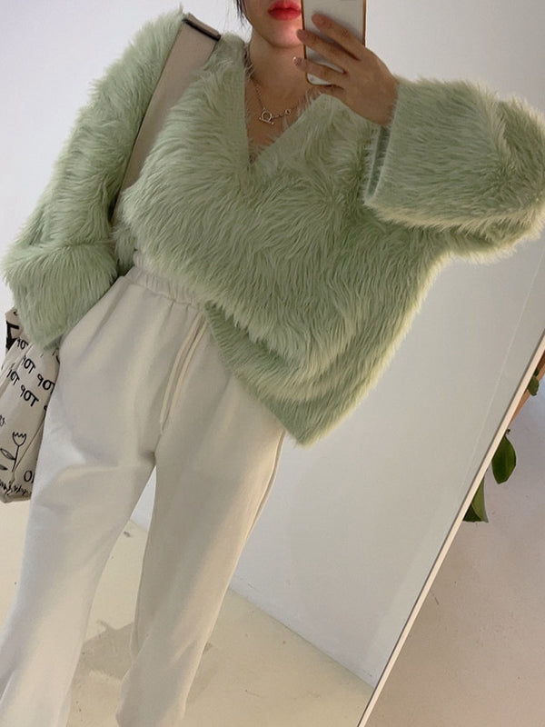 flowersverse Original Creation Long Sleeves Loose Solid Color V-Neck Sweater Tops