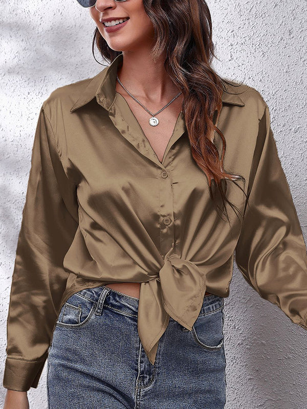 flowersverse Solid Color Long Sleeves Loose Lapel Blouses&Shirts Tops