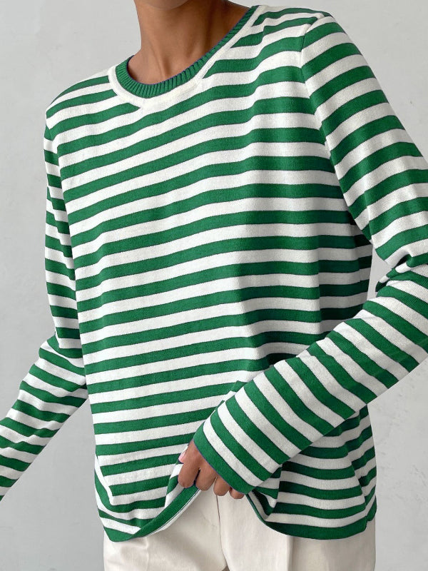 flowersverse Split-Joint Striped Long Sleeves Loose Round-Neck Sweater Tops