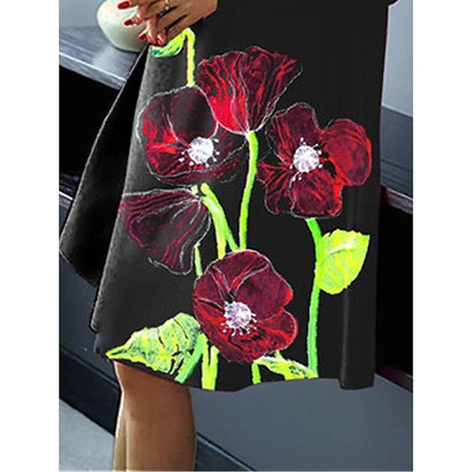 flowersverse Women's Casual Dress Shift Dress Print Dress Floral Print Stand Collar Mini Dress Fashion Outdoor Daily Long Sleeve Regular Fit Black Red Winter Fall M L XL XXXL 4XL