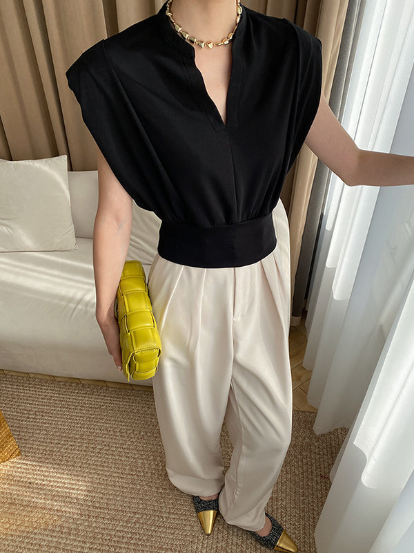 flowersverse Loose Sleeveless Split-Joint Solid Color V-Neck Vest Top