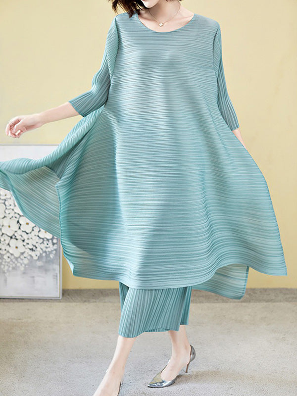 flowersverse Casual Loose Three-Quarter Sleeves Pleated Solid Color T-Shirt&Pants Two Pieces Set