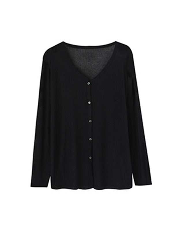 flowersverse Long Sleeves Loose Buttoned Solid Color Sun Protection V-Neck Cardigan Tops