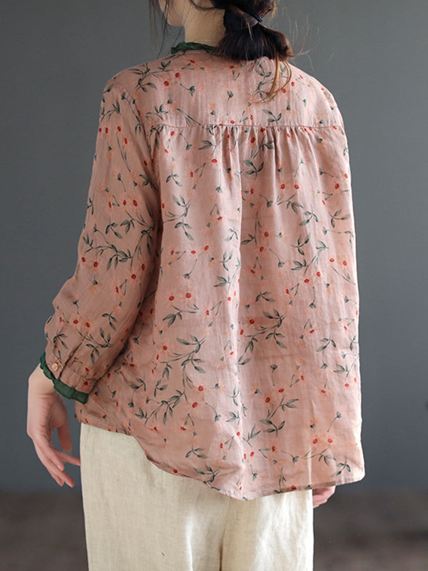 flowersverse Floral Printed Lace-Up Long Sleeves Loose Round-Neck Blouses&Shirts Tops