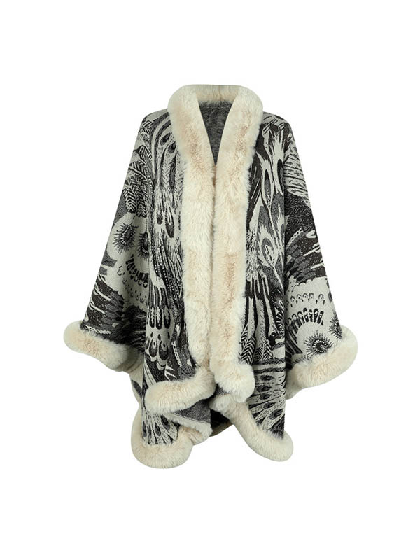 flowersverse Jacquard Keep Warm Velvet Long Sleeves Loose Collarless Shawl Cape