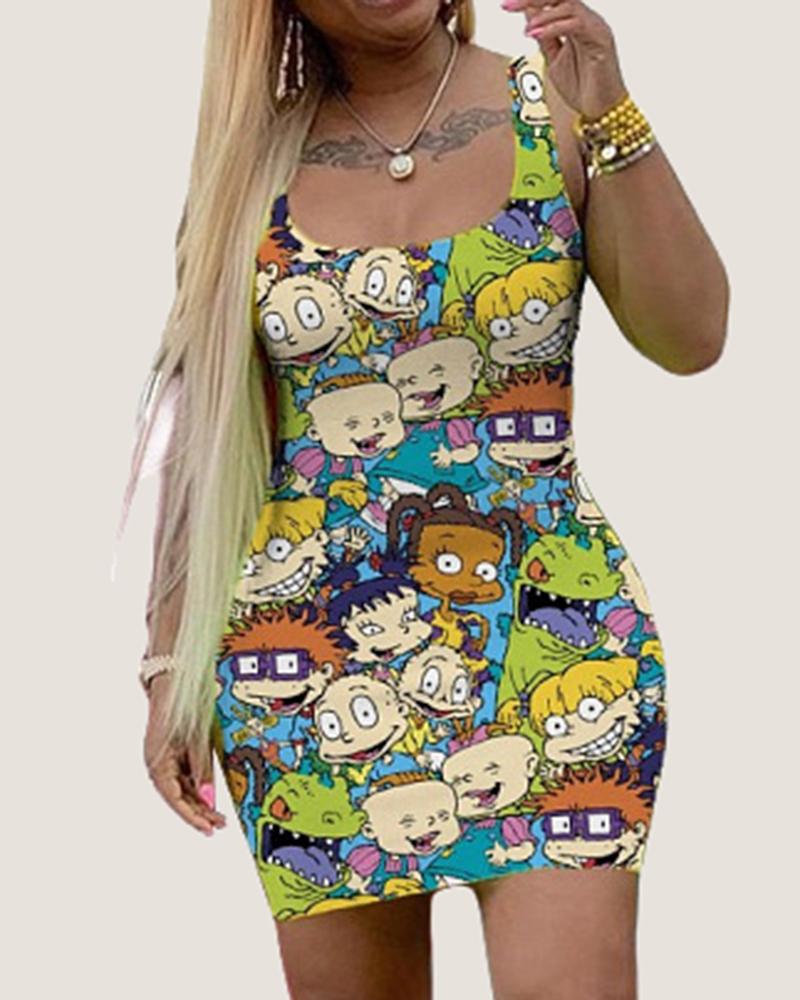 flowersverse Cartoon Print Square Neck Bodycon Dress
