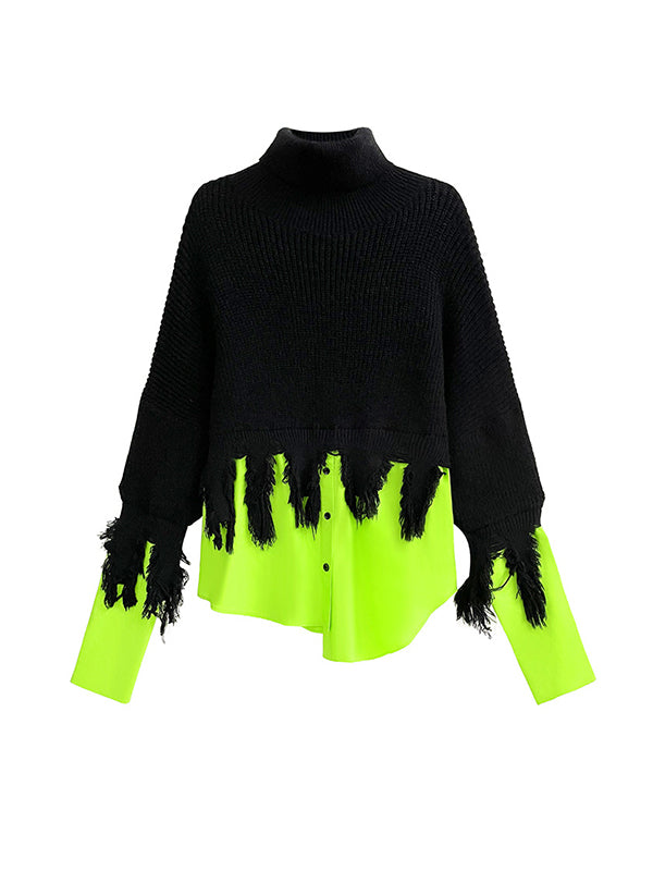 flowersverse Asymmetric Fringed Split-Joint A-Line Long Sleeves High Neck Sweater Tops Pullovers Knitwear