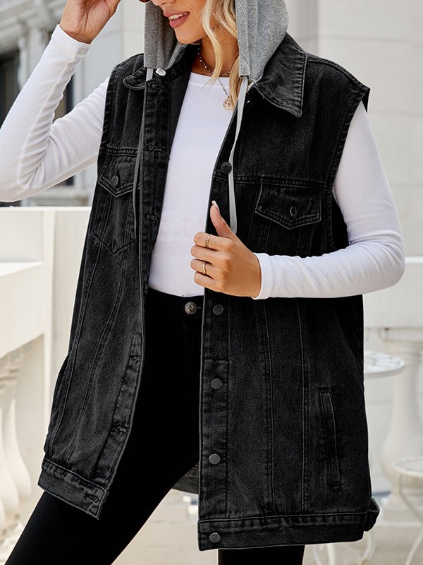 flowersverse Buttoned Detachable Drawstring Hooded Pockets Split-Joint Loose Sleeveless Polo Vest Outerwear