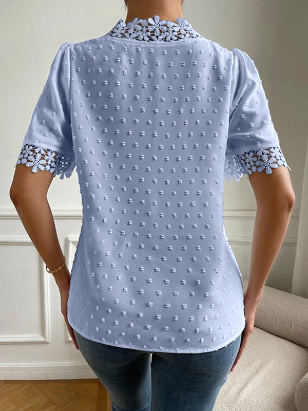 flowersverse Applique Solid Color Loose Short Sleeves V-neck Blouses&shirts Tops