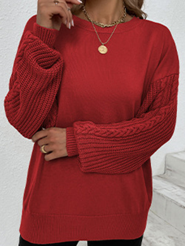 flowersverse Knitted Twist Long Sleeves Solid Color Round-Neck Sweater Tops