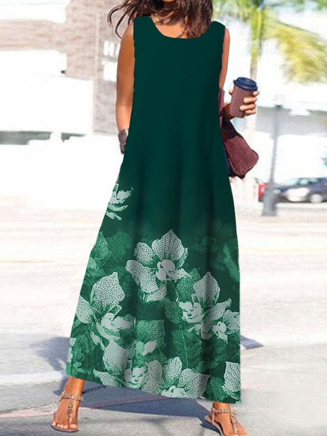 flowersverse Women's Casual Dress Shift Dress Long Dress Maxi Dress Navy Blue Blue Green Sleeveless Floral Print Spring Summer U Neck Vacation S M L XL XXL 3XL